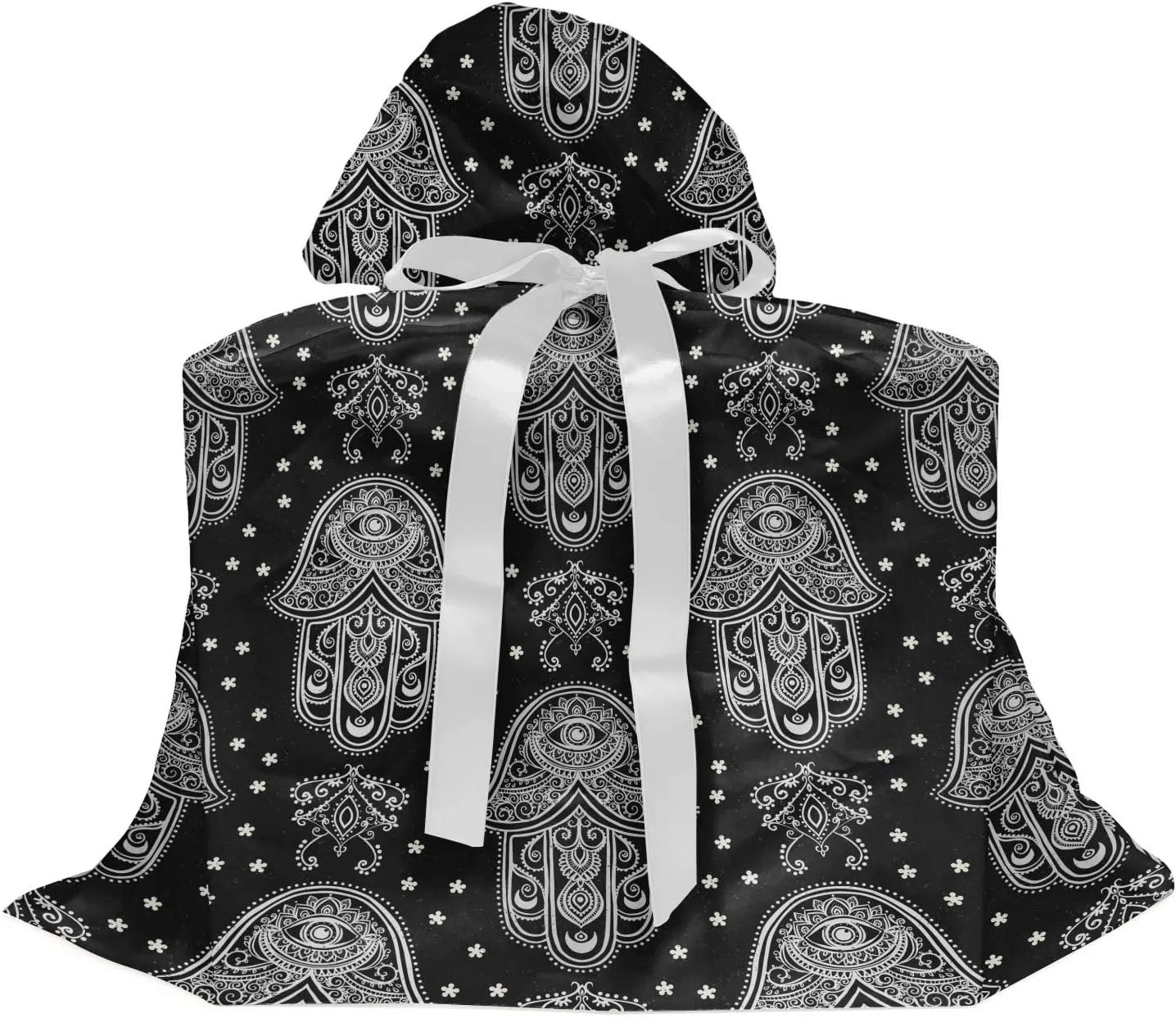 Ambesonne Black and White Gift Bag, All Seeing Eye Motif in Orient Culture Hand Design Monochrome Mandala, Fabric Party Favor Pouch with 3 Ribbons, 27" x 32", White and Black