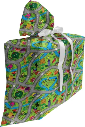 Ambesonne Car Race Track Gift Bag, Hand-Drawn Style Suburb Cartoon Roadway Activity Design Neighborhood, Fabric Party Favor Pouch with 3 Ribbons, 27, Multicolor