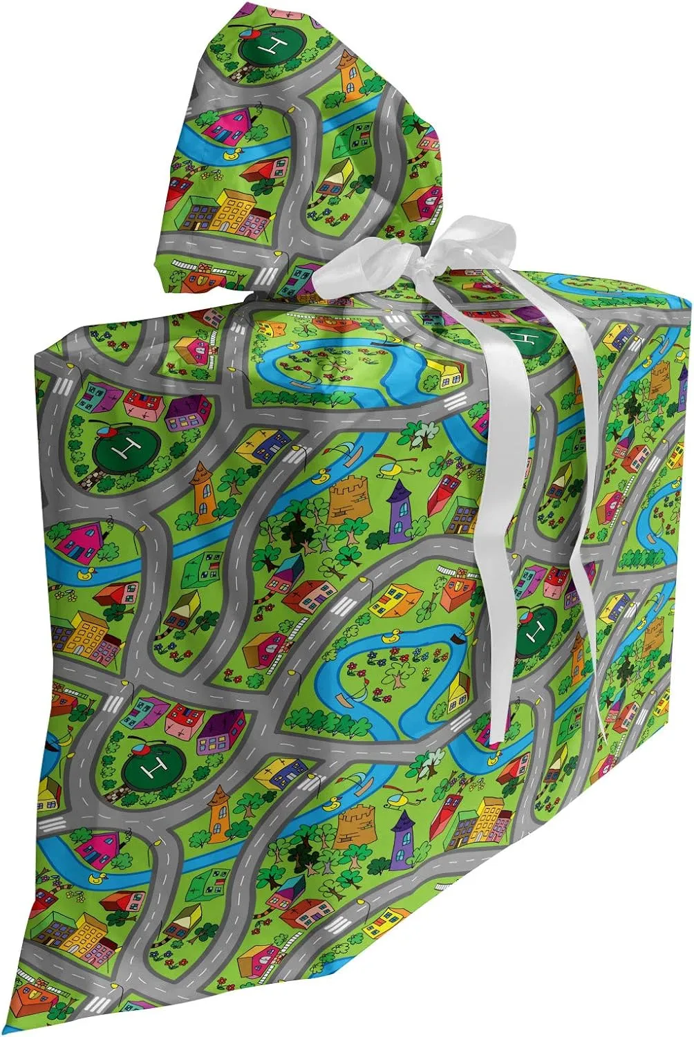 Ambesonne Car Race Track Gift Bag, Hand-Drawn Style Suburb Cartoon Roadway Activity Design Neighborhood, Fabric Party Favor Pouch with 3 Ribbons, 27, Multicolor
