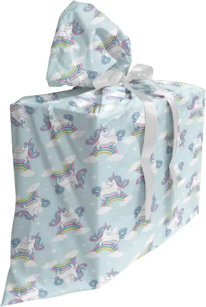Ambesonne Cartoon Gift Bag, Unicorns on Rainbows up in the Sky Volumized Mane and Tail Unreal Pastel Style, Fabric Party Favor Pouch with 3 Ribbons, 27, Multicolor