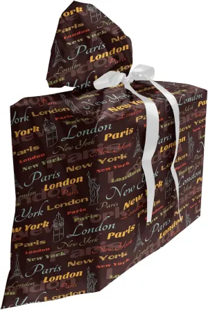 Ambesonne City Fabric Gift Bag, Famous Places of World London Paris New York Big Ben of Liberty Eiffel Tower, Present Sack for Baby Showers Birthdays with 3 Ribbons, 27" X 32", Multicolor