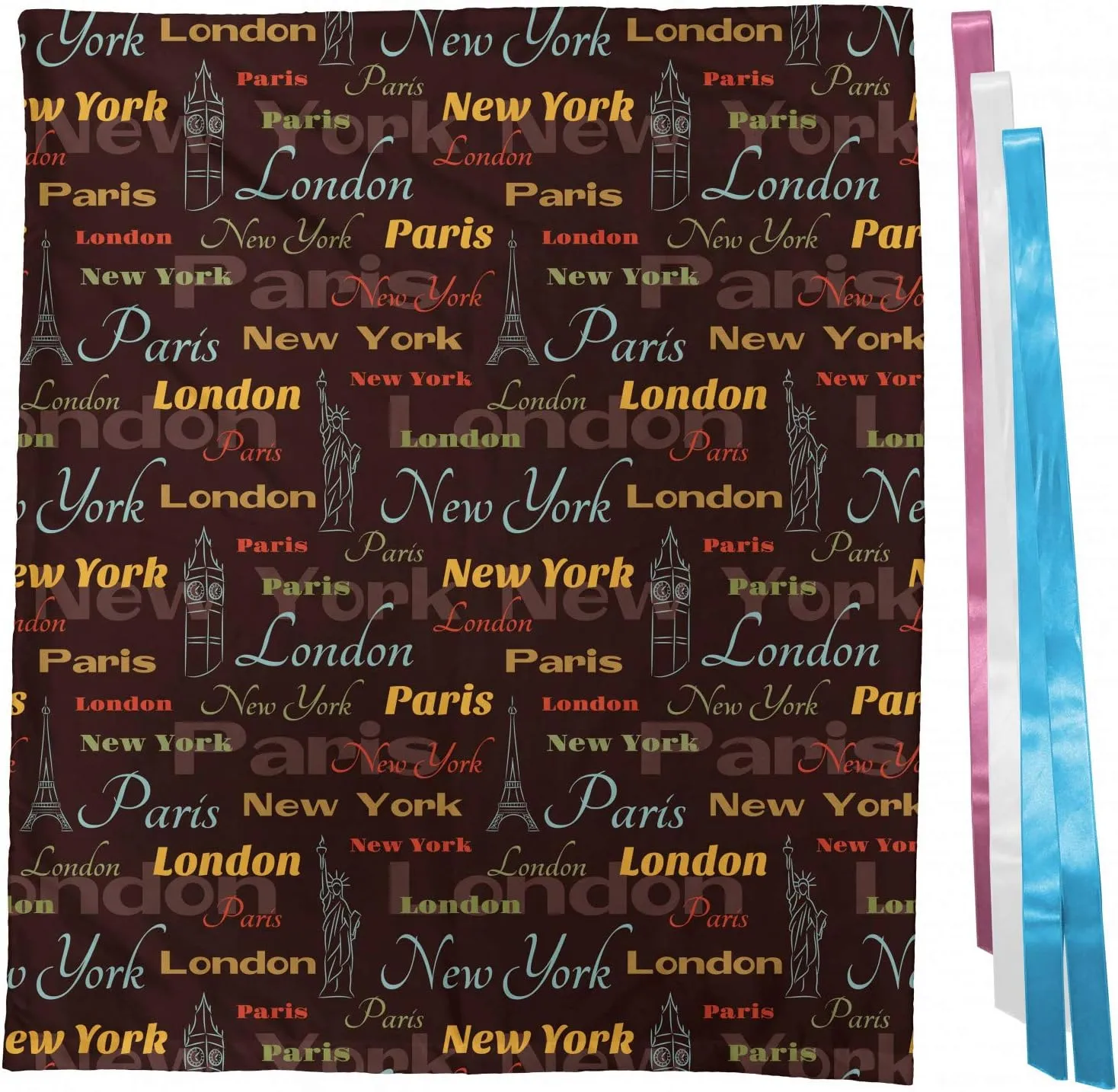 Ambesonne City Fabric Gift Bag, Famous Places of World London Paris New York Big Ben of Liberty Eiffel Tower, Present Sack for Baby Showers Birthdays with 3 Ribbons, 27" X 32", Multicolor
