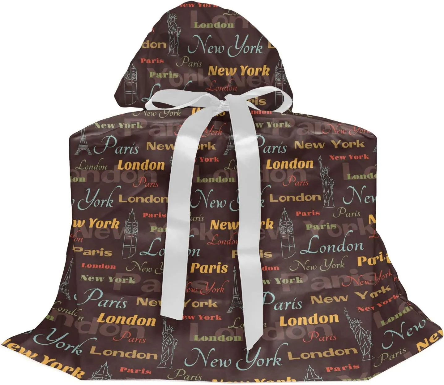 Ambesonne City Fabric Gift Bag, Famous Places of World London Paris New York Big Ben of Liberty Eiffel Tower, Present Sack for Baby Showers Birthdays with 3 Ribbons, 27" X 32", Multicolor