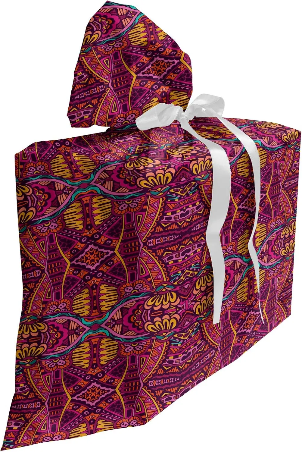 Ambesonne Colorful Gift Bag, Sixties Style Composition with Tribal Psychedelic Ornamentation Flowers, Fabric Party Favor Pouch with 3 Ribbons, 27, Multicolor