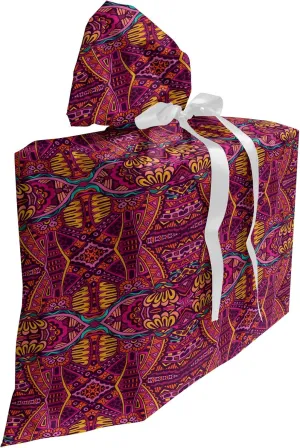 Ambesonne Colorful Gift Bag, Sixties Style Composition with Tribal Psychedelic Ornamentation Flowers, Fabric Party Favor Pouch with 3 Ribbons, 27, Multicolor