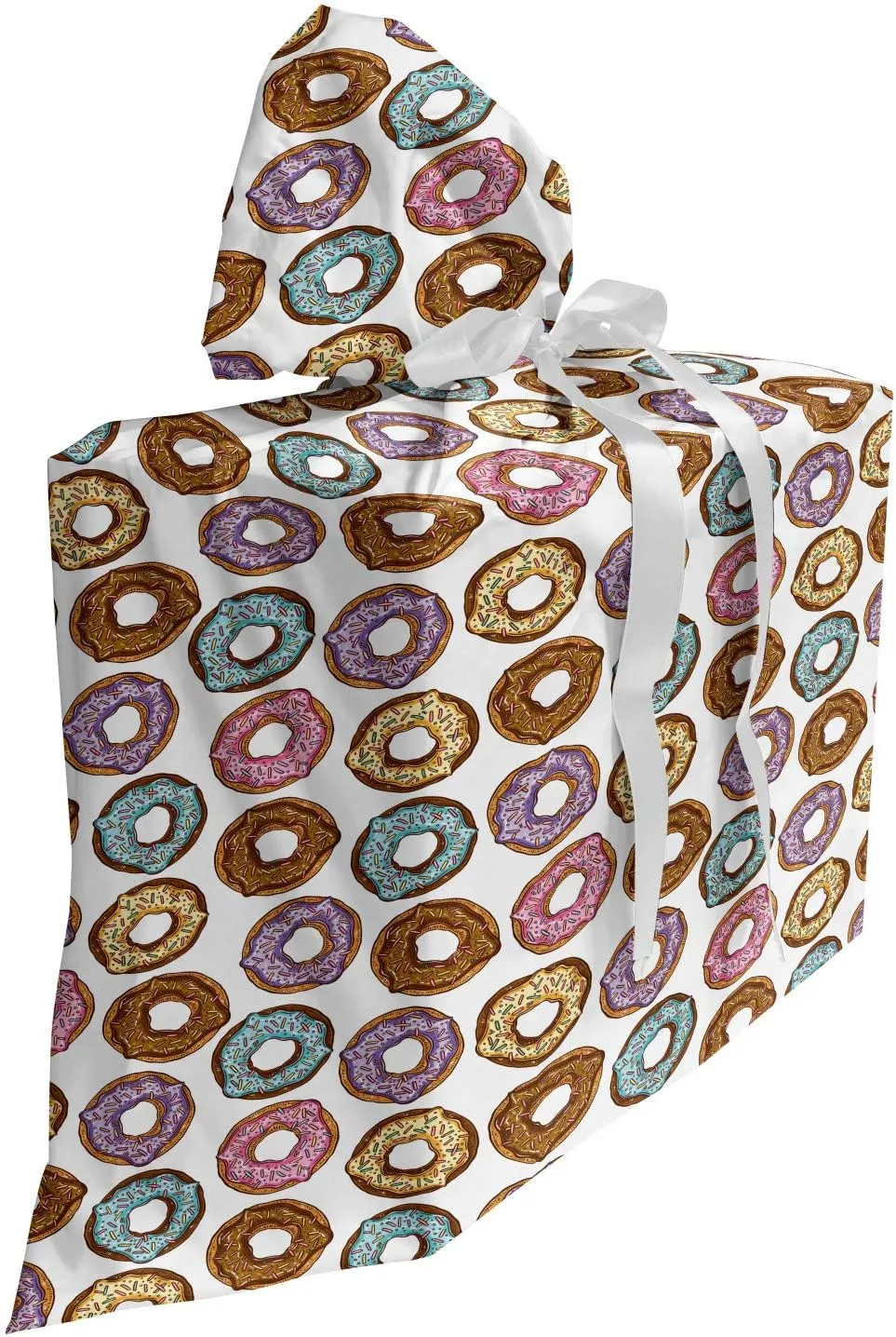 Ambesonne Donut Fabric Gift Bag, Rhythmic Colorful Tasty Delicious Bakery Sprinkles Cartoon Motif on Plain Backdrop, Present Sack for Parties Birthdays with 3 Ribbons, 27, Multicolor