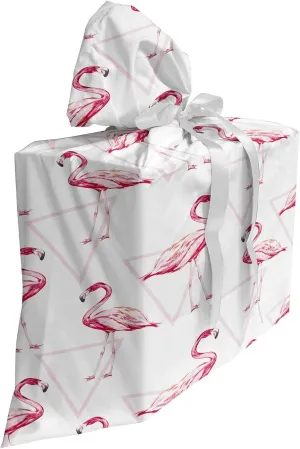 Ambesonne Flamingo Fabric Gift Bag, Realistic Drawing Style Animals on Geometrical Backdrop with Pink Triangles, Present Sack for Baby Showers Birthdays with 3 Ribbons, 27" X 32", White Peach