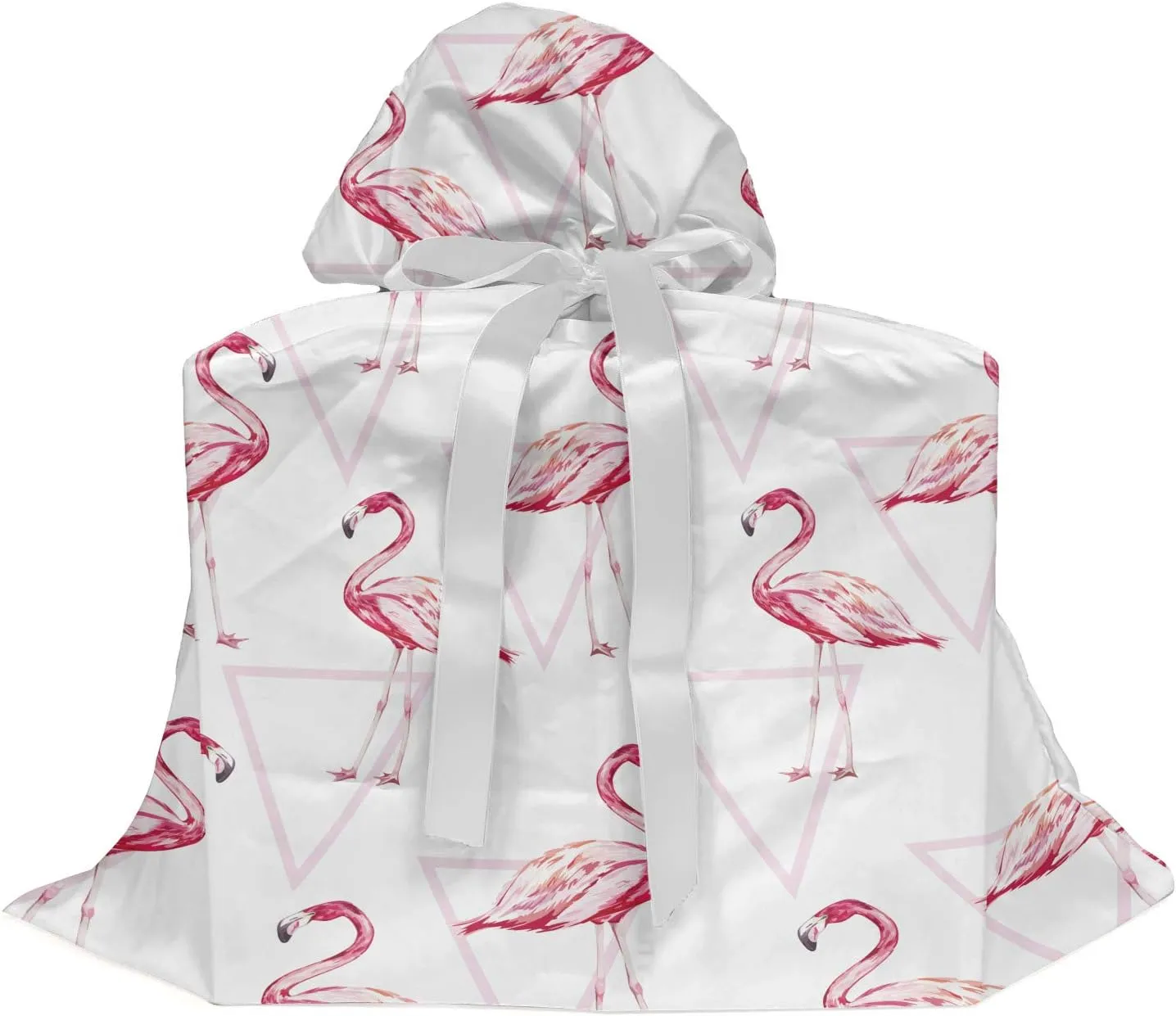 Ambesonne Flamingo Fabric Gift Bag, Realistic Drawing Style Animals on Geometrical Backdrop with Pink Triangles, Present Sack for Baby Showers Birthdays with 3 Ribbons, 27" X 32", White Peach