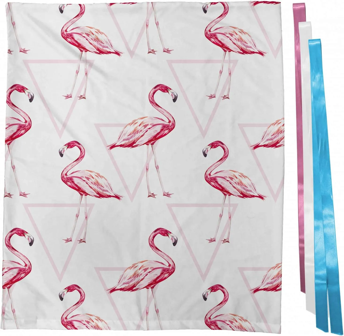Ambesonne Flamingo Fabric Gift Bag, Realistic Drawing Style Animals on Geometrical Backdrop with Pink Triangles, Present Sack for Baby Showers Birthdays with 3 Ribbons, 27" X 32", White Peach