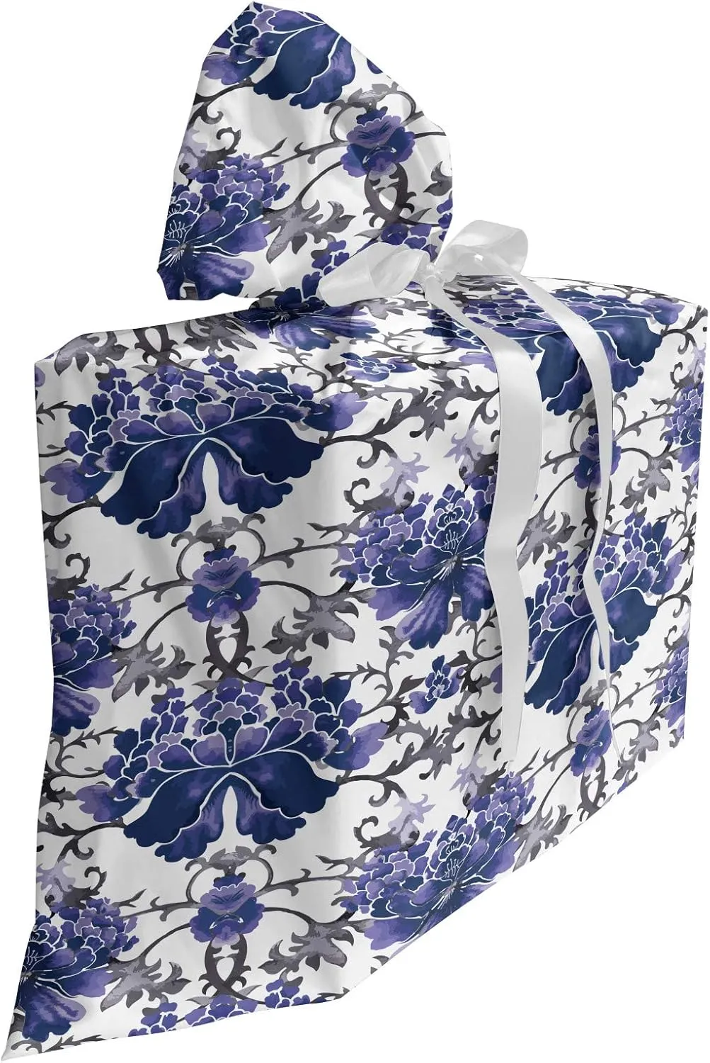 Ambesonne Floral Fabric Gift Bag, Chinese Petals and Stalks Aquarelle Symmetrical Oriental Nature, Present Sack for Parties Birthdays with 3 Ribbons, 27, Lavender Dark Purple