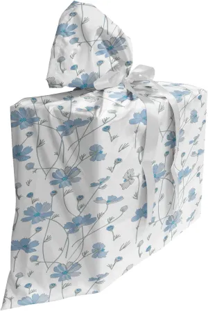 Ambesonne Floral Fabric Gift Bag, Cosmos Flowers Blue Grey Tones Simplistic and Continuous Composition, Present Sack for Parties Birthdays with 3 Ribbons, 27, Off White and Sea Blue