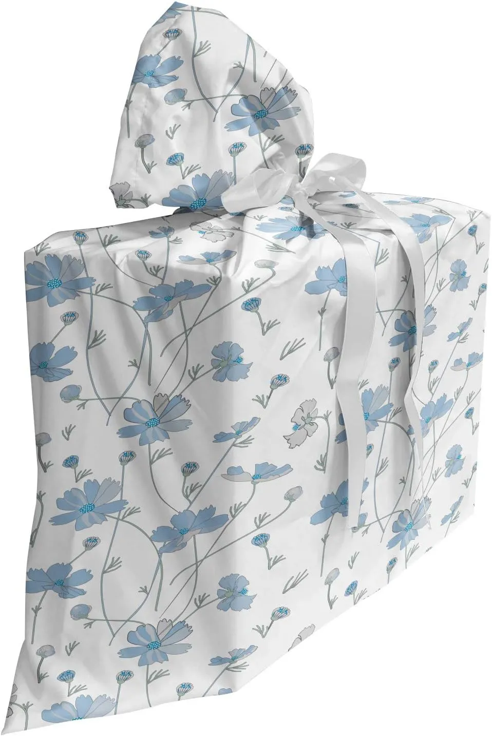 Ambesonne Floral Fabric Gift Bag, Cosmos Flowers Blue Grey Tones Simplistic and Continuous Composition, Present Sack for Parties Birthdays with 3 Ribbons, 27, Off White and Sea Blue