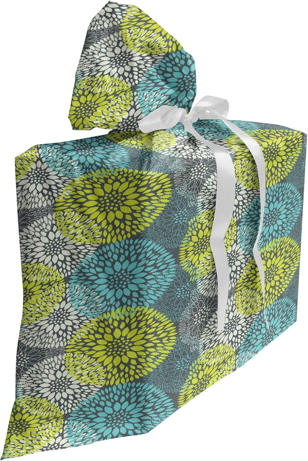 Ambesonne Floral Fabric Gift Bag, Damask Stencil Pattern Inspired Chrysanthemum Flowers Imprint and Outline Drawing, Present Sack for Parties Birthdays with 3 Ribbons, 27, Multicolor