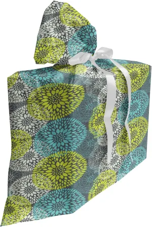 Ambesonne Floral Fabric Gift Bag, Damask Stencil Pattern Inspired Chrysanthemum Flowers Imprint and Outline Drawing, Present Sack for Parties Birthdays with 3 Ribbons, 27, Multicolor