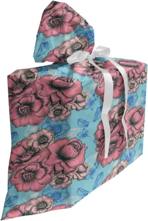Ambesonne Floral Gift Bag, Classic Bouquets Engraved Vintage Feminine Spring Botanical Garden Essence, Fabric Party Favor Pouch with 3 Ribbons, 27, Pink and Pale Blue