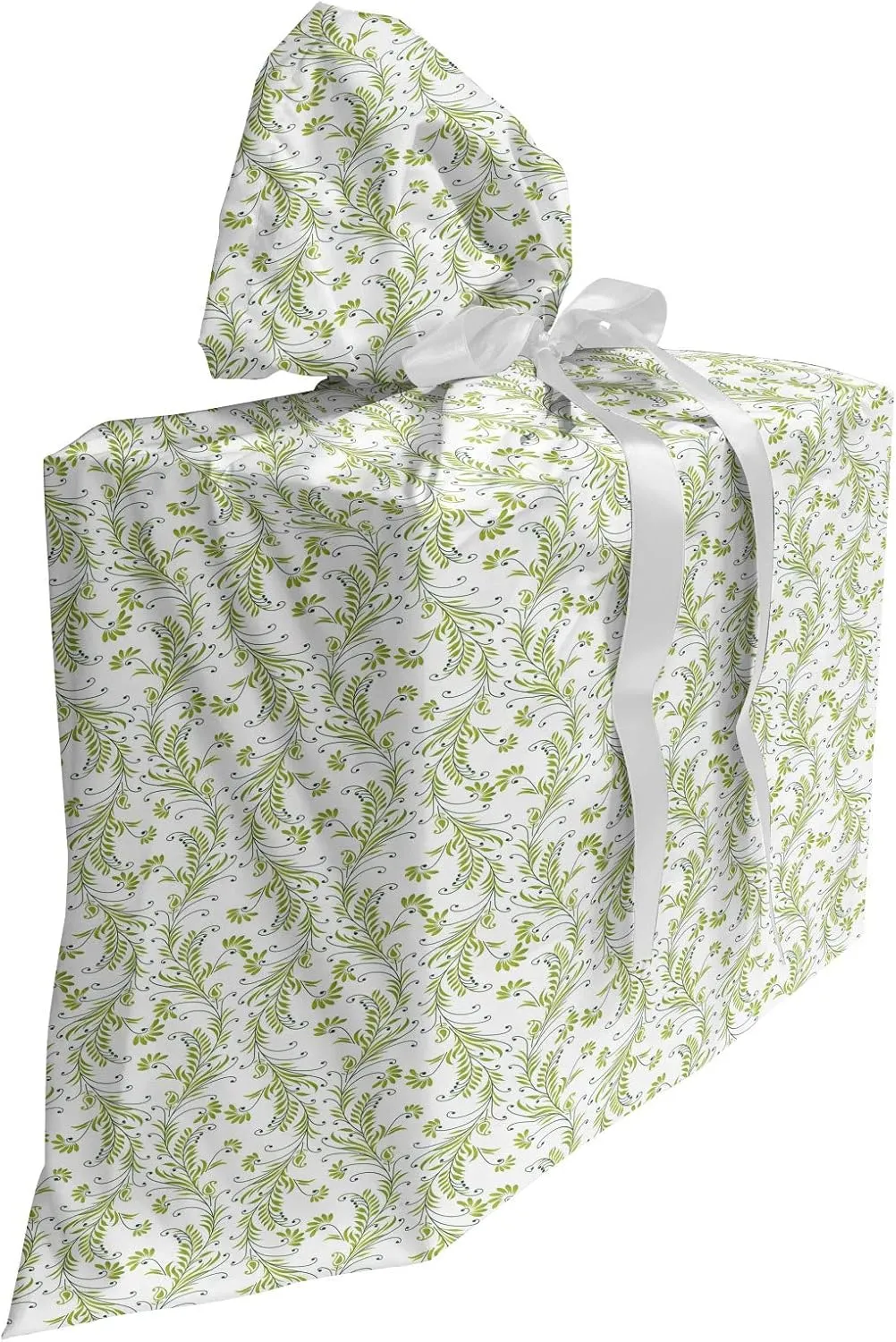 Ambesonne Flower Fabric Gift Bag, Paisley Leaf Antique Stem Swirl Traditional Damask Fashion Stylize Flora, Present Sack for Parties Birthdays with 3 Ribbons, 27, Green Black White
