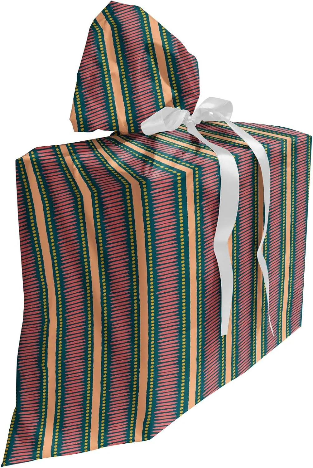 Ambesonne Geometric Fabric Gift Bag, Prehistoric Brush Stroke Effect Dots and Stripes Print with Pastel Colors, Present Sack for Parties Birthdays with 3 Ribbons, 27, Multicolor