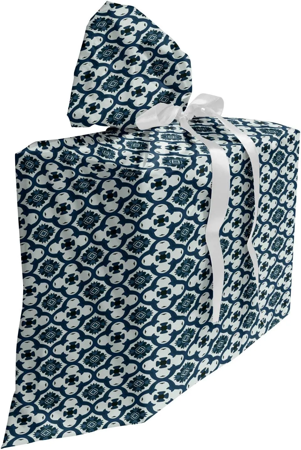 Ambesonne Grey and Blue Fabric Gift Bag, Ornamental Abstract Tile Looking Floral Azulejo Retro Composition, Present Sack for Parties Birthdays with 3 Ribbons, 27, Pale Seafoam Dark Teal