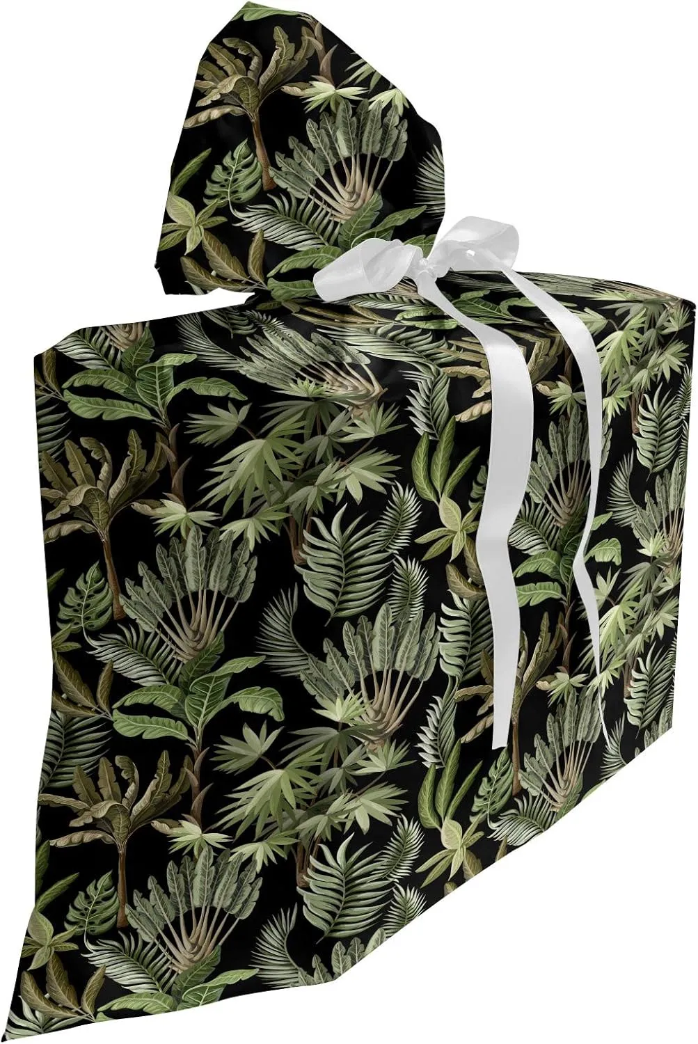 Ambesonne Jungle Foliage Gift Bag, Demonstration of Island Leaves and Tropic Plants Palm Banana, Fabric Party Favor Pouch with 3 Ribbons, 27, Charcoal Grey Multicolor