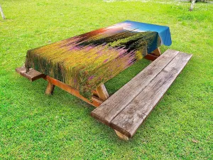 Ambesonne Landscape Outdoor Tablecloth, Fall Landscape Picture in Mountains with Flowers Alpine Trees Forest at Sunrise, Decorative Washable Picnic Table Cloth, 58" X 104", Green Pink