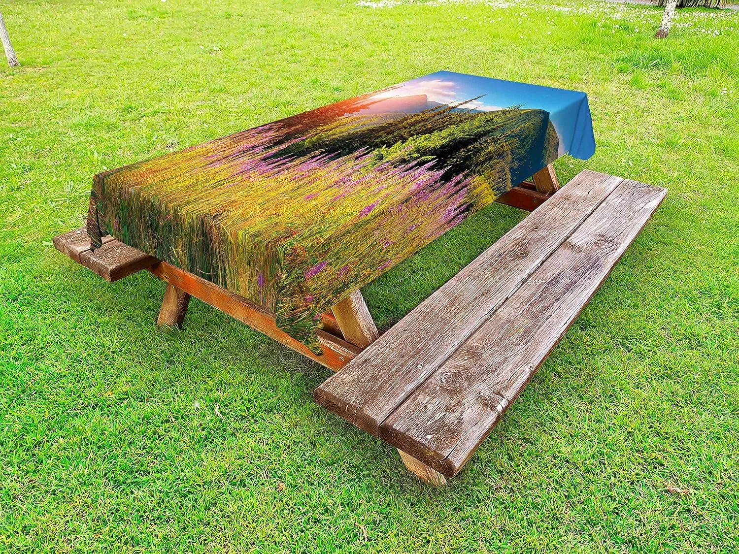 Ambesonne Landscape Outdoor Tablecloth, Fall Landscape Picture in Mountains with Flowers Alpine Trees Forest at Sunrise, Decorative Washable Picnic Table Cloth, 58" X 104", Green Pink