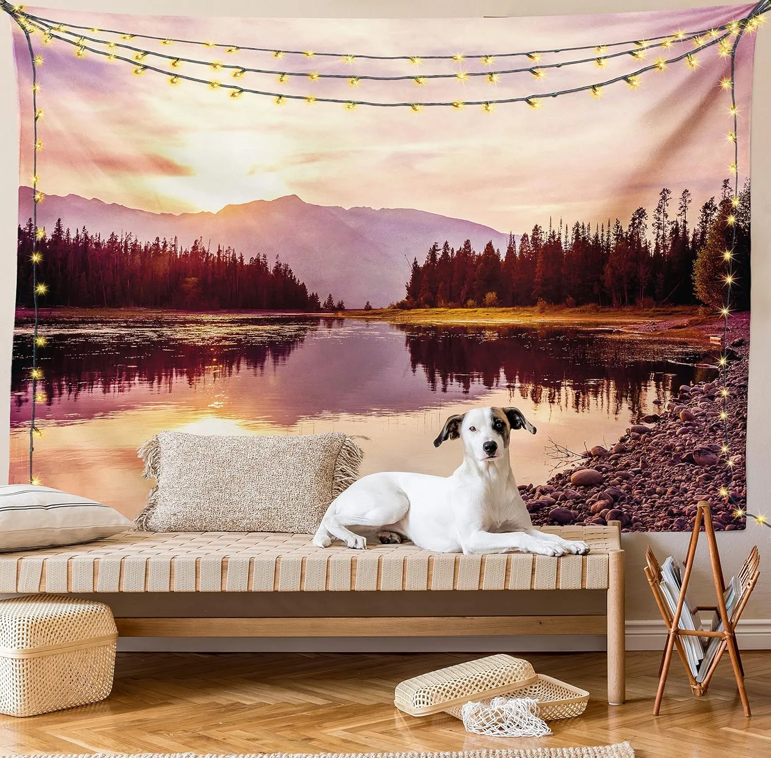 Ambesonne Landscape Tapestry, Grand Teton Mountain Range at Sunset Jackson Lake Calm National Park USA, Fabric Wall Hanging Decor for Bedroom Living Room Dorm, 45" X 30", Peach Pale Yellow