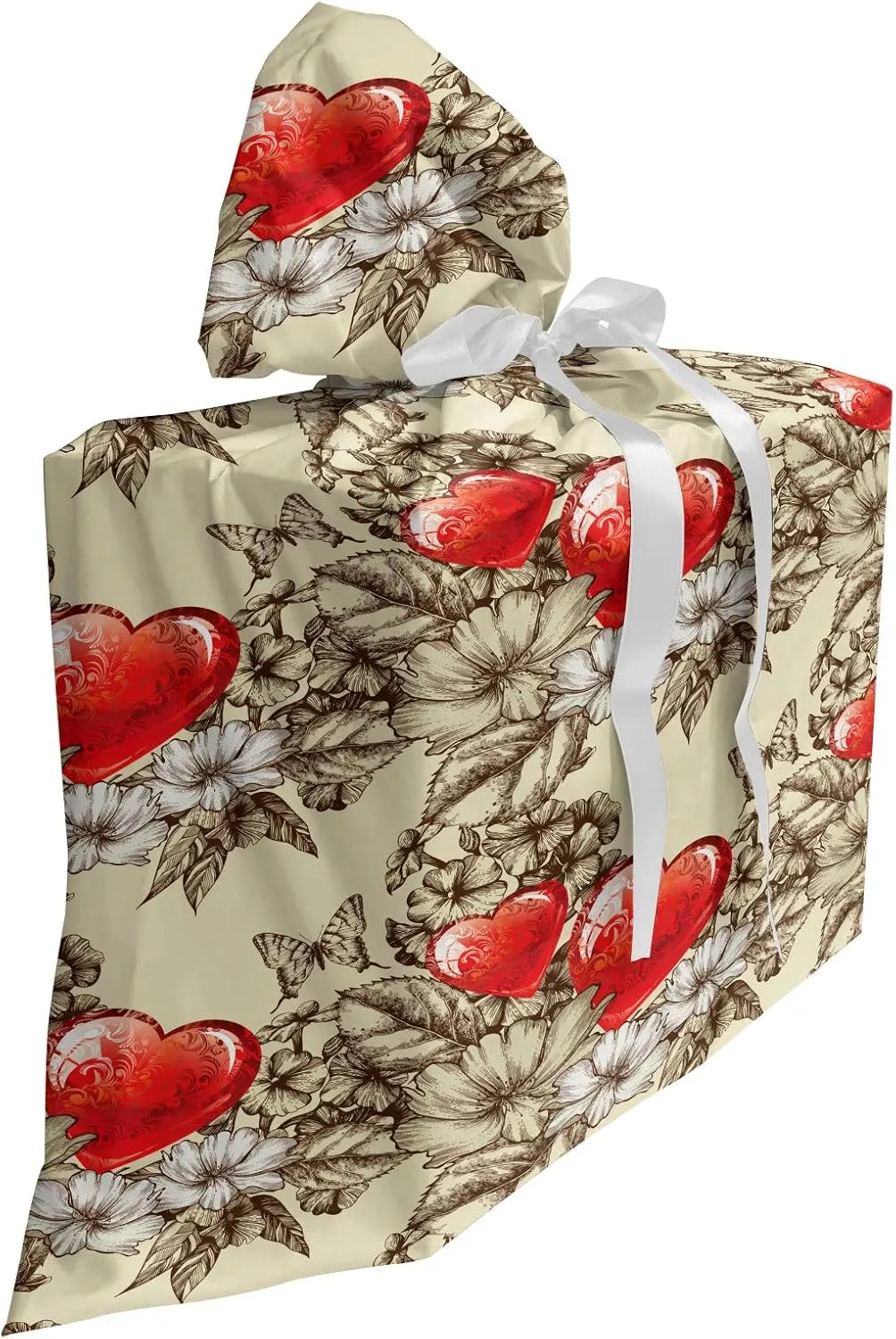 Ambesonne Love Gift Bag, Pattern Valentine's Day with Flowers and Butterfly Holiday Love Antiquity Vintage, Fabric Party Favor Pouch with 3 Ribbons, 27, Beige Brown Red