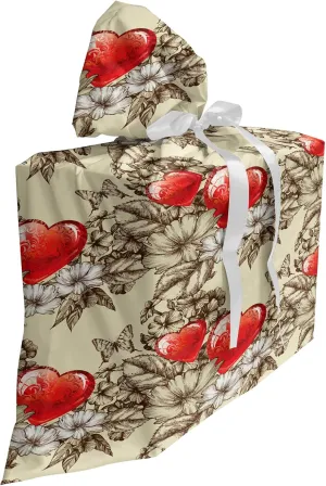Ambesonne Love Gift Bag, Pattern Valentine's Day with Flowers and Butterfly Holiday Love Antiquity Vintage, Fabric Party Favor Pouch with 3 Ribbons, 27, Beige Brown Red