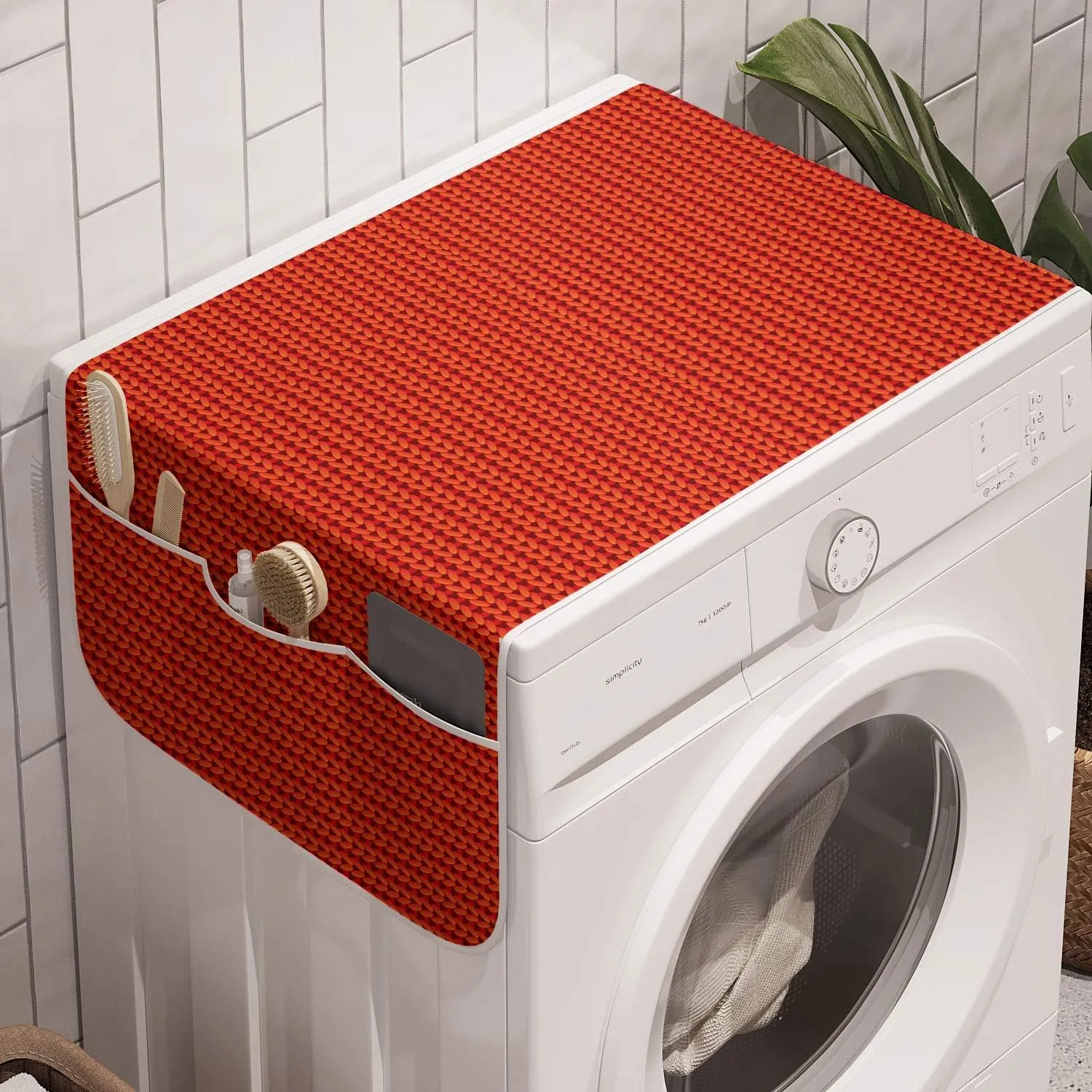 Ambesonne Modern Washing Machine Organizer Pack of 2, Knitting Look Design Repeating Pattern with Warm Orangish Tones Art Print, Anti-Slip Cover for Washers Dryers, 47" x 18.5", Vermilion and Peach
