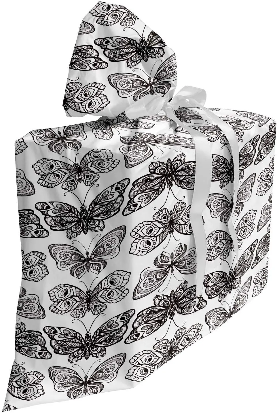Ambesonne Moth Fabric Gift Bag, Ornamental Butterfly Drawings Ethnic Wings Tribal Bohemian Monochrome Art, Present Sack for Parties Birthdays with 3 Ribbons, 27, Charcoal Grey and White