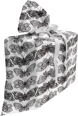Ambesonne Moth Fabric Gift Bag, Ornamental Butterfly Drawings Ethnic Wings Tribal Bohemian Monochrome Art, Present Sack for Parties Birthdays with 3 Ribbons, 27, Charcoal Grey and White