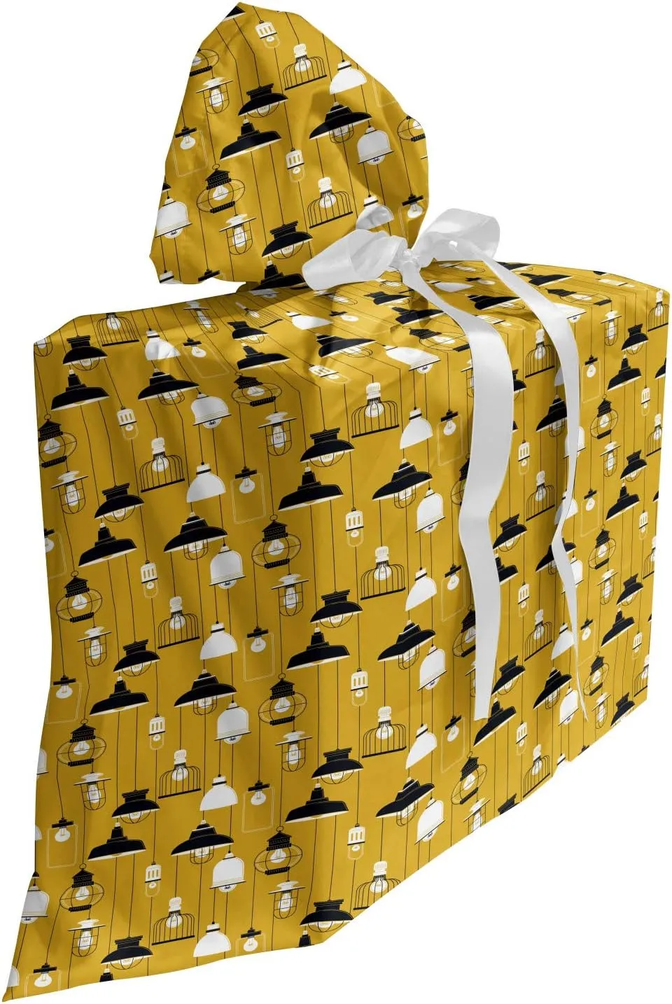Ambesonne Mustard Gift Bag, Electricity Related Multitude Ceiling Lamp Retro Drawings Pattern, Fabric Party Favor Pouch with 3 Ribbons, 27, Dark Yellow Charcoal Grey