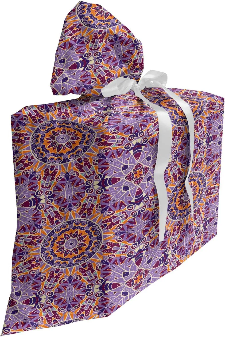 Ambesonne Orange Mandala Fabric Gift Bag, Dreaming Self-Unity Ritual Inspired Ethnic Abstract Illustration, Present Sack for Parties Birthdays with 3 Ribbons, 27, Multicolor