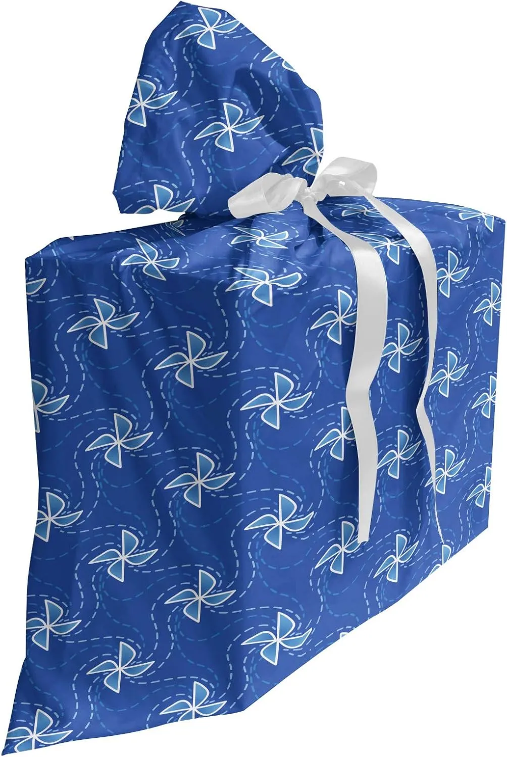 Ambesonne Pinwheel Gift Bag, Wind Farm Turbines Map Pattern with Renewable Energy Nature Eco, Fabric Party Favor Pouch with 3 Ribbons, 27, Blue and White