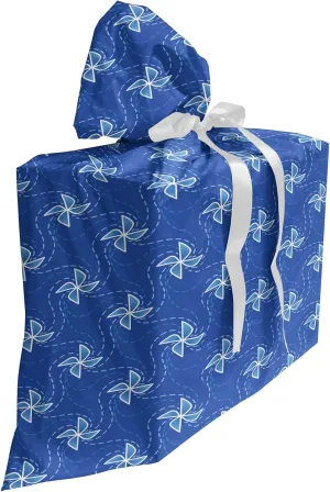 Ambesonne Pinwheel Gift Bag, Wind Farm Turbines Map Pattern with Renewable Energy Nature Eco, Fabric Party Favor Pouch with 3 Ribbons, 27, Blue and White
