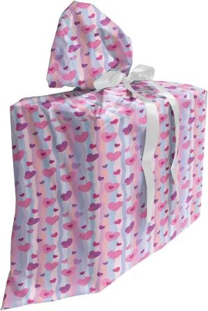 Ambesonne Purple Fabric Gift Bag, Valentines Day Hearts with Verical Abstract Stipes Vintage Sentimental Composition, Present Sack for Parties Birthdays with 3 Ribbons, 27, Multicolor