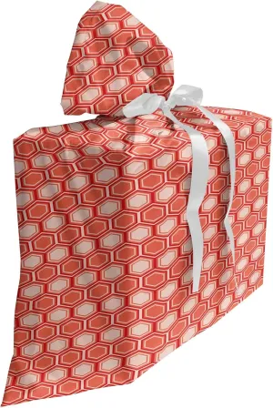 Ambesonne Retro Gift Bag, Hexagonal Comb Pattern Geometrical Tile Graphic Art Vintage Design, Fabric Party Favor Pouch with 3 Ribbons, 27, Peach Coral Dark Coral