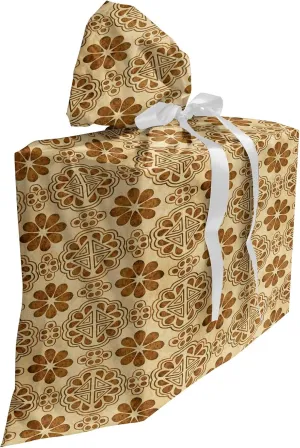 Ambesonne Retro Gift Bag, Prehistoric Oriental Composition of Triangles Dots Flower Leaves Repeating Pattern, Fabric Party Favor Pouch with 3 Ribbons, 27, Caramel Tan