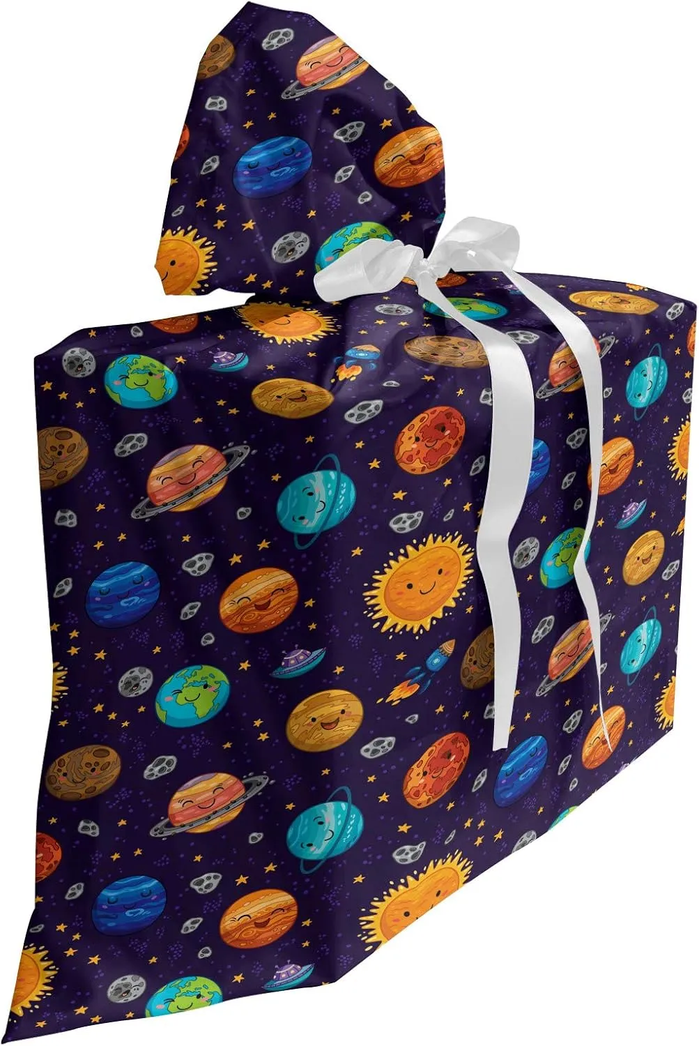Ambesonne Space Fabric Gift Bag, Cheerful Planets as Sun Mercury Venus Earth Jupiter Mars with Alien Spaceships, Present Sack for Parties Birthdays with 3 Ribbons, 27, Multicolor