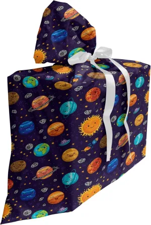 Ambesonne Space Fabric Gift Bag, Cheerful Planets as Sun Mercury Venus Earth Jupiter Mars with Alien Spaceships, Present Sack for Parties Birthdays with 3 Ribbons, 27, Multicolor