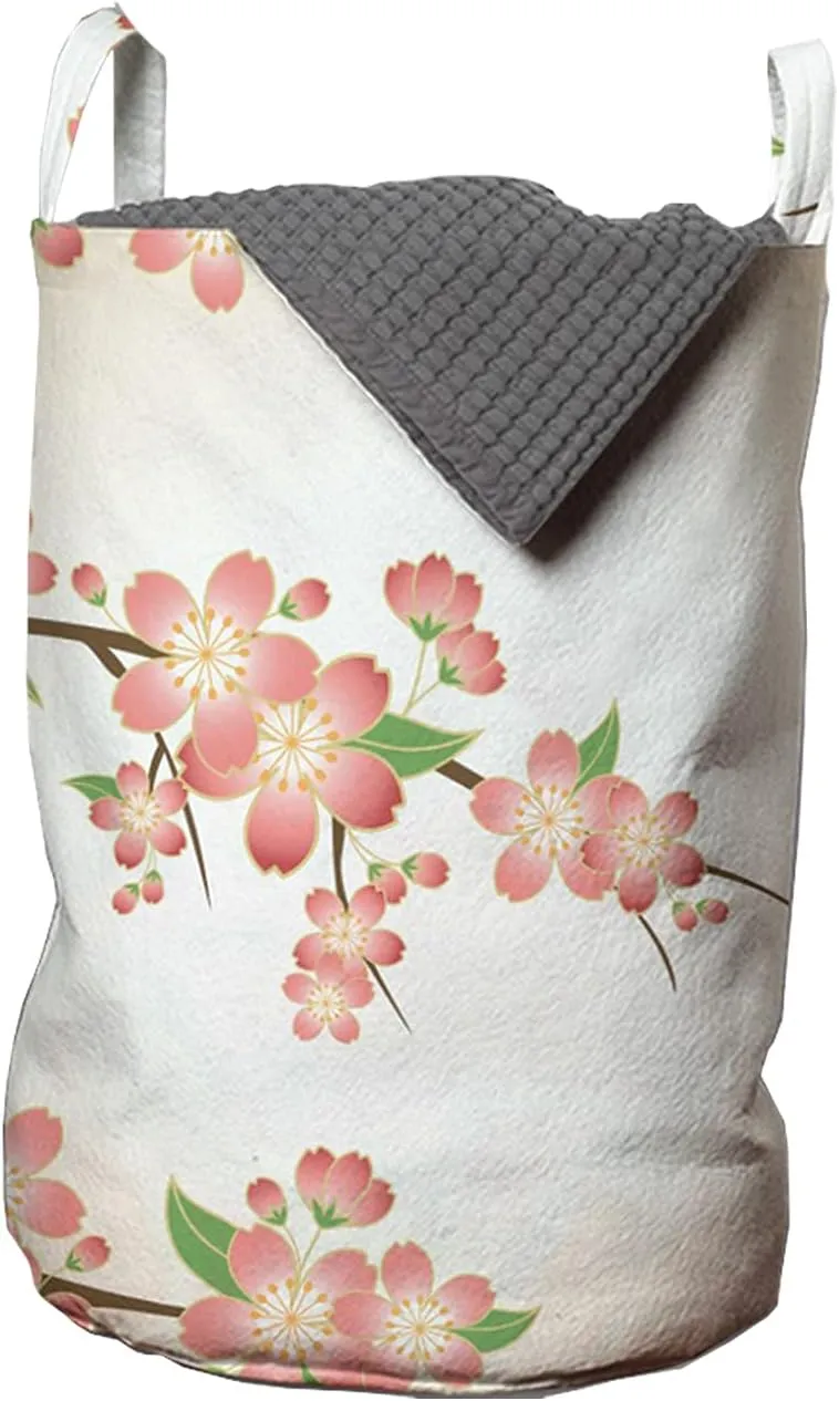 Ambesonne Spring Laundry Bag, Renewal of The Earth Japanese Symbolism Sakura Tree Seasonal Change, Hamper Basket with Handle Drawstring Closure for Laundromats, 13" x 19", Peach Scarlet Pale Pink