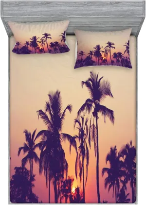 Ambesonne Sunset Fitted Sheet & Pillow Sham Set, Vintage Filtered Sunset Tropical Palm Tree Silhouettes, Decorative Printed 3 Piece Bedding Decor Set, Queen, Peach Dark Purple