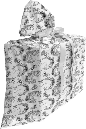 Ambesonne Tattoo Fabric Gift Bag, Fictional Animal and Orchids Unicorn Profile with Peacock Feathers on Its Mane Hair, Present Sack for Parties Birthdays with 3 Ribbons, 27, Black White