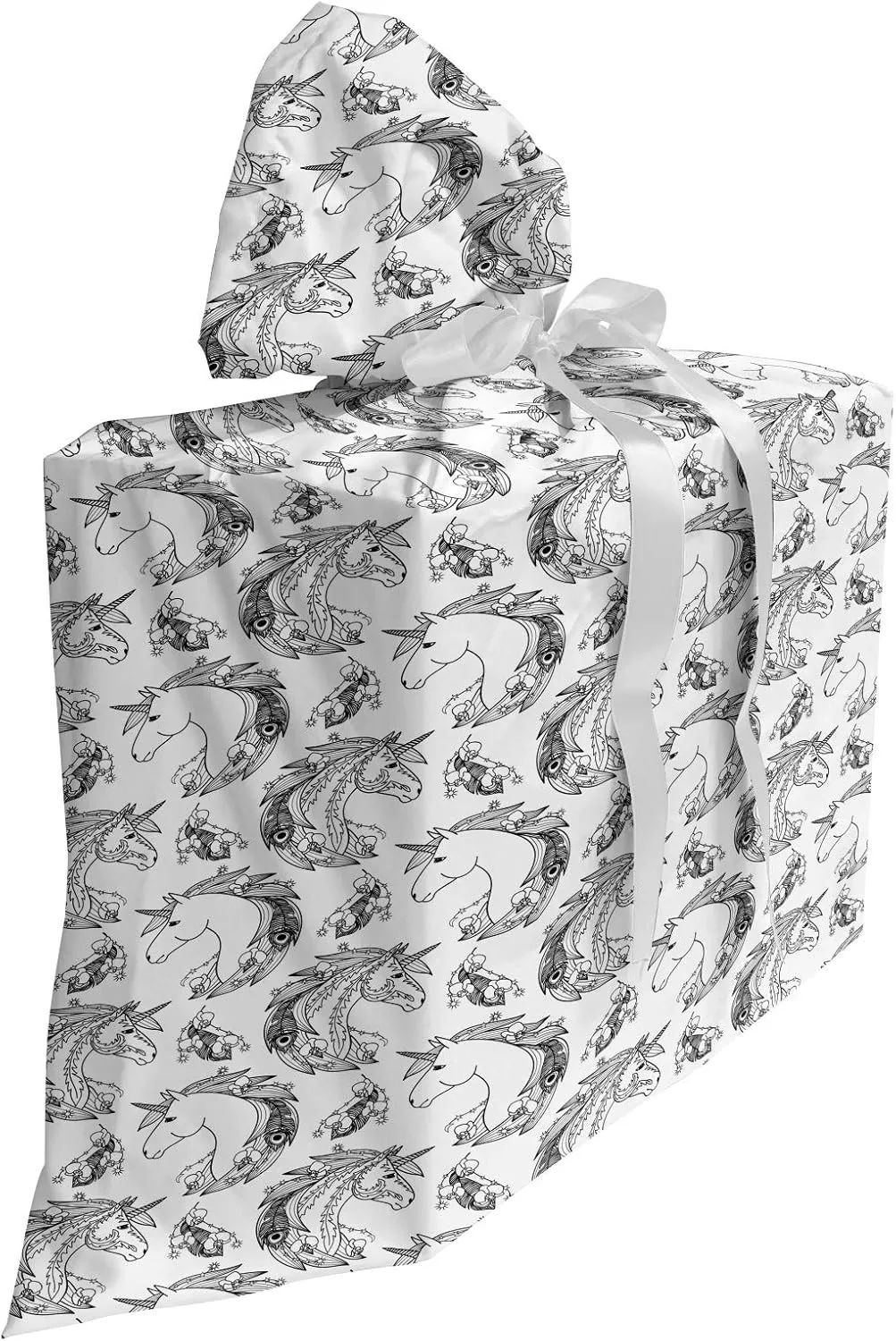 Ambesonne Tattoo Fabric Gift Bag, Fictional Animal and Orchids Unicorn Profile with Peacock Feathers on Its Mane Hair, Present Sack for Parties Birthdays with 3 Ribbons, 27, Black White