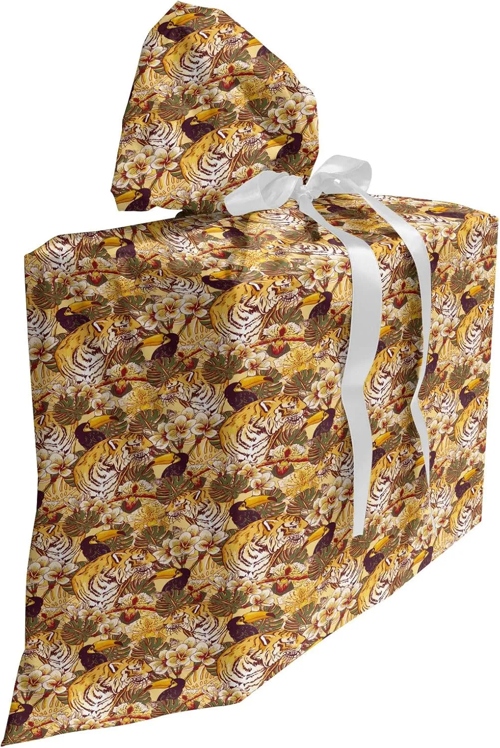 Ambesonne Tiger Gift Bag, Tropical Animals of Bengal and Toucan Harmonious Nature, Fabric Party Favor Pouch with 3 Ribbons, 27, Earth Yellow Dark Blue