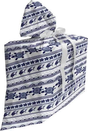 Ambesonne Underwater Gift Bag, Ornamental Ethnic Style Starfish Tortoise Fishes Pattern with Stripes Cottage, Fabric Party Favor Pouch with 3 Ribbons, 27, Indigo White