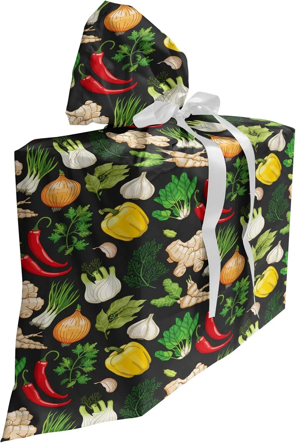 Ambesonne Vegetable Fabric Gift Bag, Vegan Diet Cuisine Herbs and Spices Chili Pepper Diet Healthy Eco Menu Print, Present Sack for Parties Birthdays with 3 Ribbons, 27, Multicolor