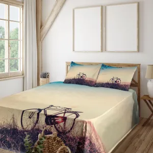 Ambesonne Vintage Bike Sheet Set, Retro Filter Sunset and Bicycle in Pastel Tones Hipster Joyful, Fitted and Flat Sheet with Pillowcases Bedding Accent 4 Piece Set, Queen, Pale Blue Black and Peach