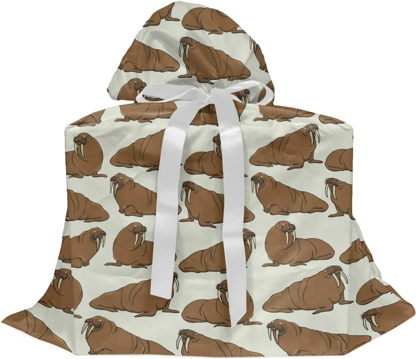 Ambesonne Walrus Fabric Gift Bag, Marine Mammal Exotic Animal Funny Creature Wildlife Theme, Present Sack for Parties Birthdays with 3 Ribbons, 27, Caramel and Eggshell