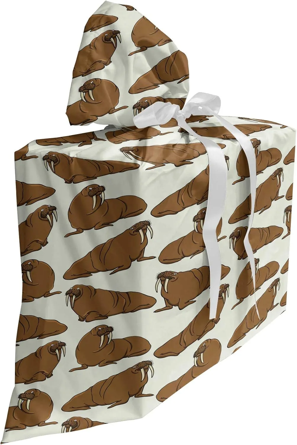 Ambesonne Walrus Fabric Gift Bag, Marine Mammal Exotic Animal Funny Creature Wildlife Theme, Present Sack for Parties Birthdays with 3 Ribbons, 27, Caramel and Eggshell